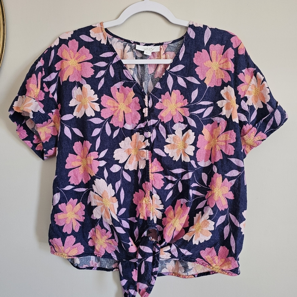 Charter Club Luxury 100% Linen Pink Navy‎ Blue Orange Floral Tie Front Blouse
